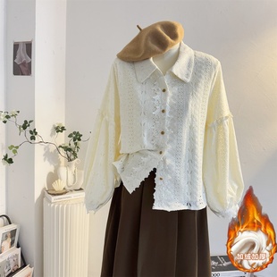 复古镂空娃娃领蕾丝长袖衬衫女2025秋冬加绒加厚减龄内搭小衫上衣