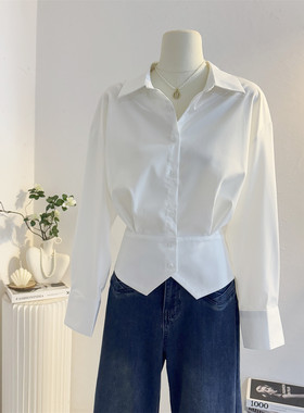 短款白色收腰衬衫女长袖2025秋季开叉设计感通勤气质衬衣法式上衣