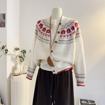 宽松复古费尔岛提花毛衣开衫外套