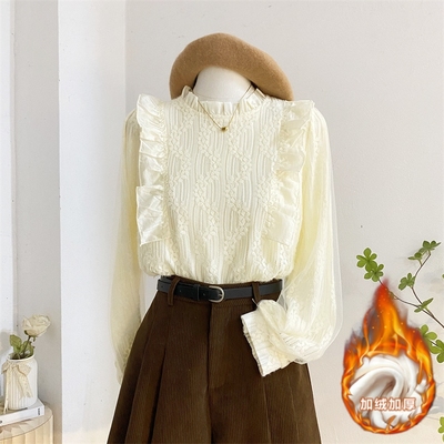 甜美套头长袖蕾丝立领衬衫加绒