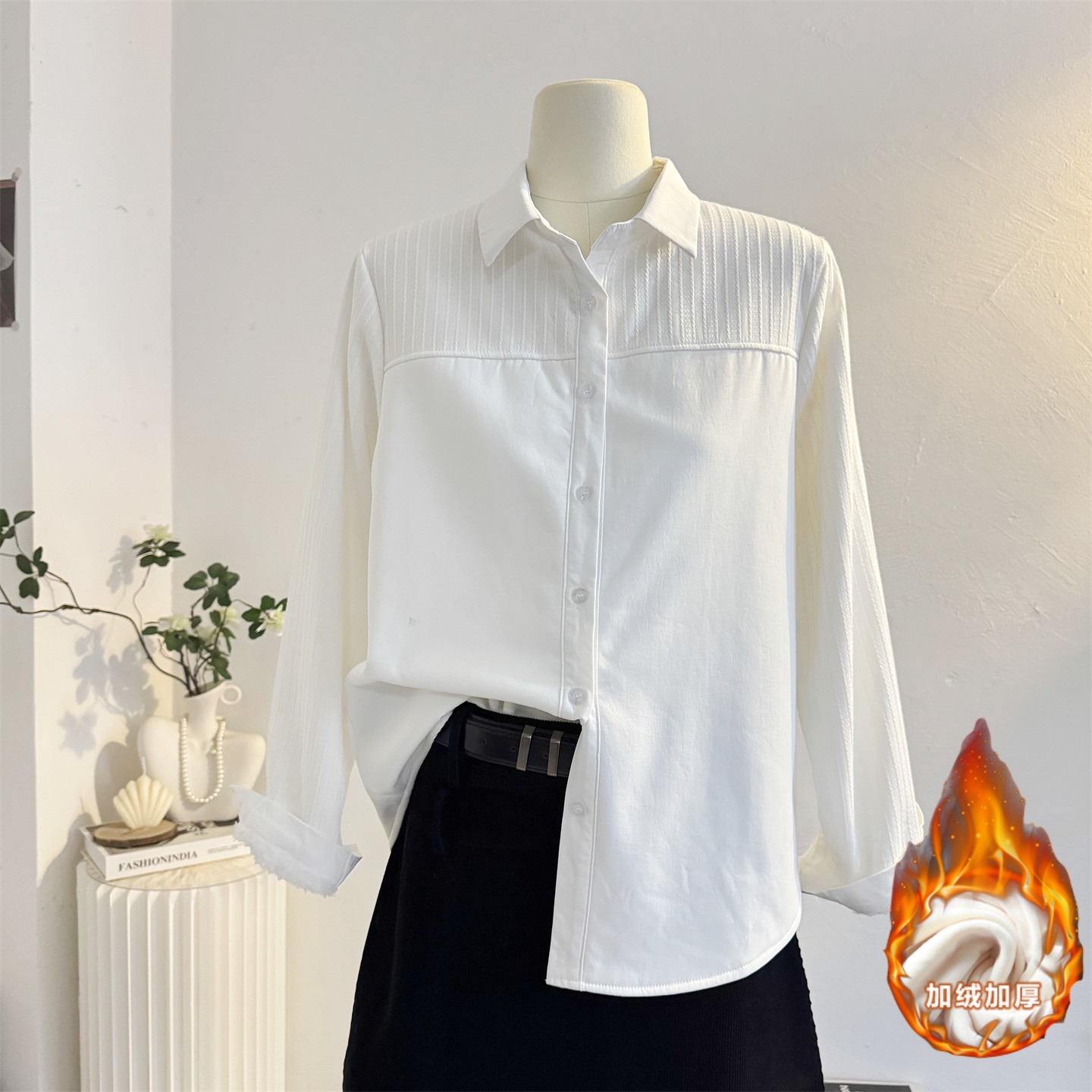 宽松休闲加绒加厚白色长袖衬衫女