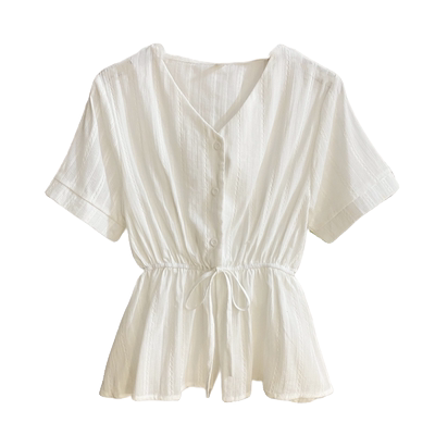 收腰韩版短袖V领衬衫女显瘦系带