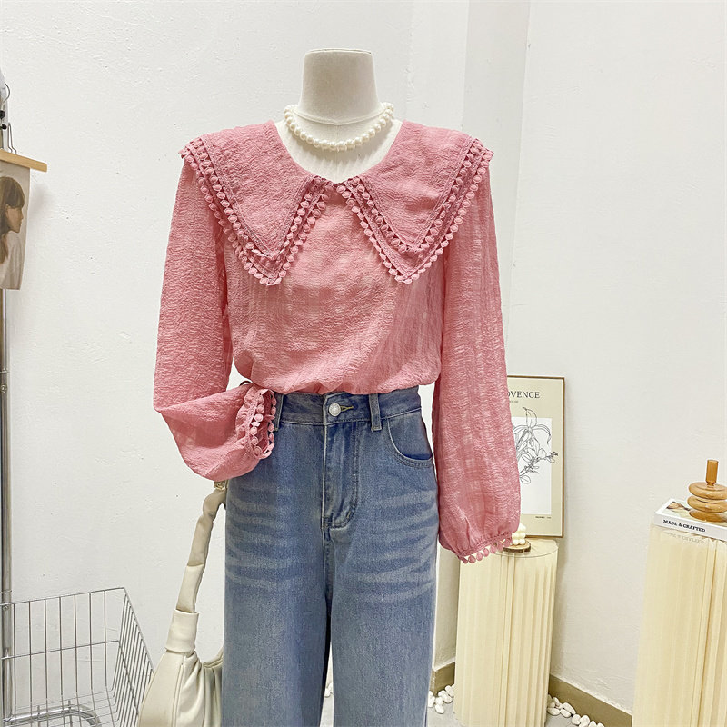 粉色双层蕾丝娃娃领衬衫女长袖2022早秋设计感宽松减龄别致上衣