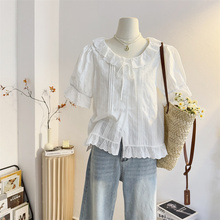 法式系带花边娃娃领衬衫女2025夏宽松减龄泡泡短袖韩系小衫上衣白