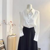 2025春新款 设计感小尖领白色缎面衬衫 女长袖 气质通勤衬衣垂感上衣
