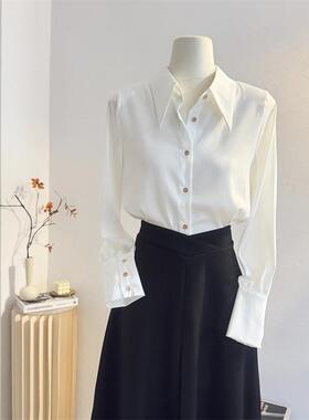 设计感小尖领白色缎面衬衫女长袖2025春新款气质通勤衬衣垂感上衣