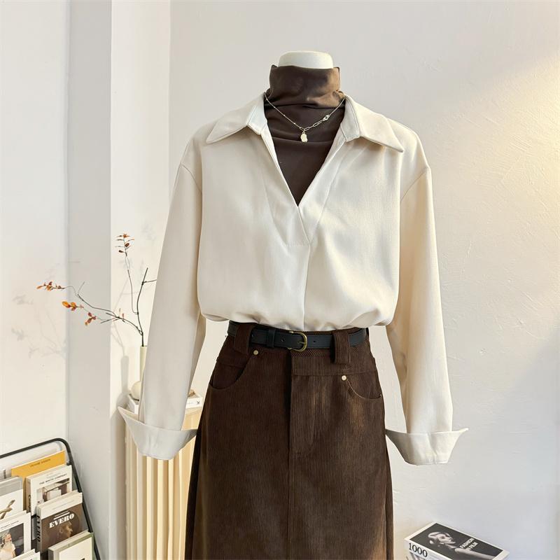 长袖磨毛衬衫高领假两件宽松套头