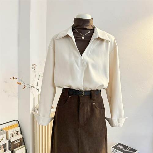 长袖磨毛衬衫高领假两件宽松套头