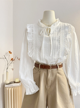 法式系带木耳立领白色长袖衬衫女2025春季宽松甜美荷叶边小衫上衣