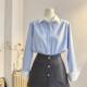 女2025春新款 撞色翻领蓝色长袖 衬衫 宽松简约通勤衬衣气质休闲上衣