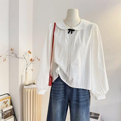 白色法式宽松娃娃领泡泡长袖衬衫