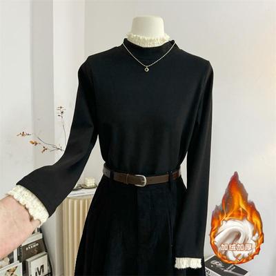 蕾丝花边加绒显瘦法式长袖假两件