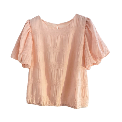 宽松甜美短袖雪纺泡泡袖褶皱衬衫
