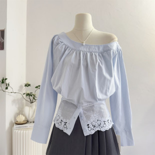 上衣 2026春蕾丝花边拼接收腰洋气小衫 韩系气质斜领露肩衬衫 女长袖