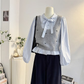 两件套叠穿坎肩背心 衬衫 2025秋冬季 蝴蝶结刺绣针织马甲系带灯笼袖