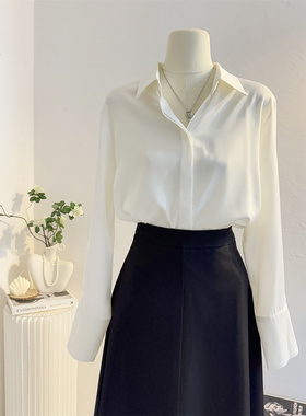 高级感白色缎面长袖衬衫女2025秋季宽松气质通勤衬衣职业正装上衣