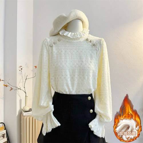 法式套头蕾丝衫荷叶领加绒加厚