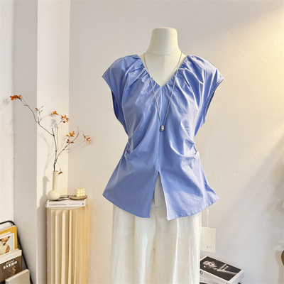 褶皱收腰设计感法式V领无袖衬衫