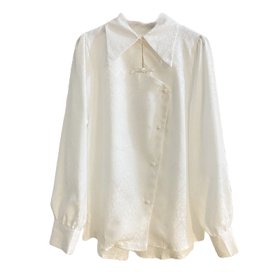 宽松新中式长袖翻领盘扣衬衫提花