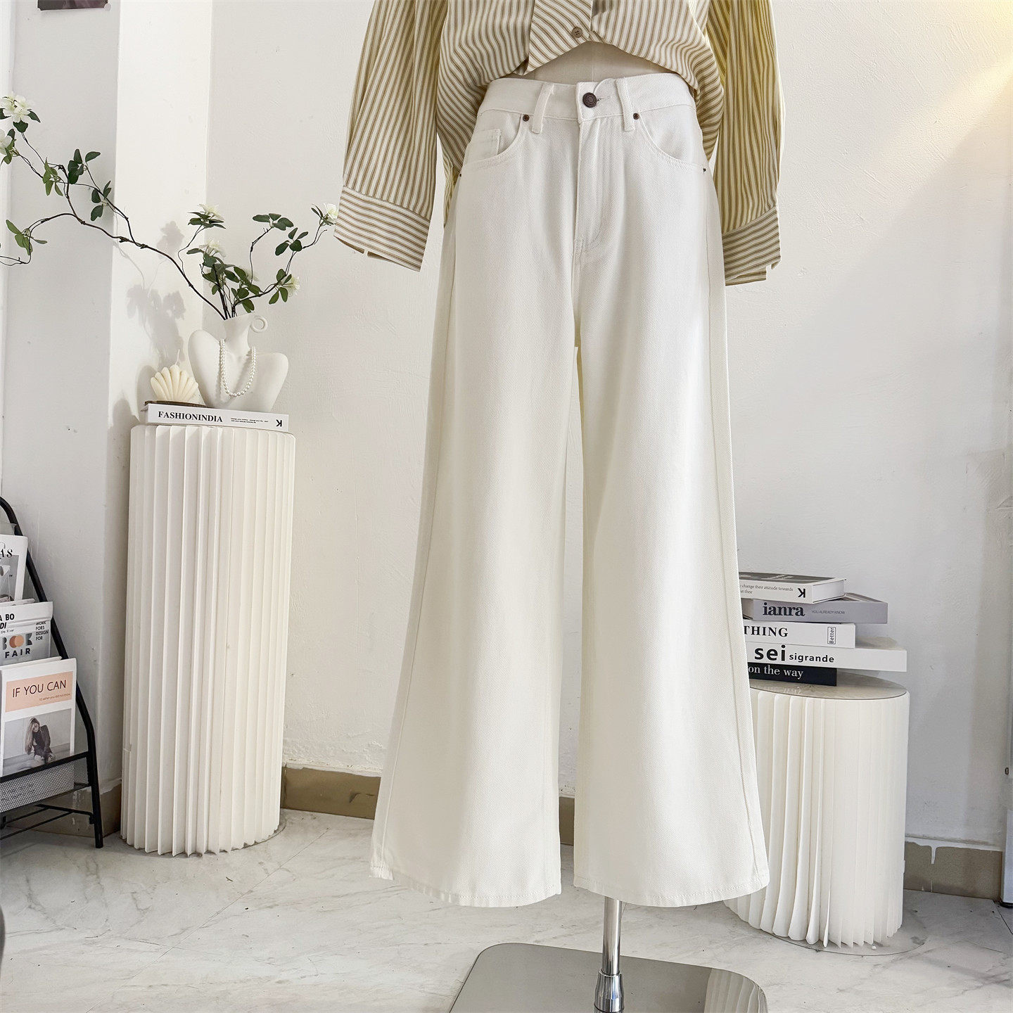 米白色阔腿牛仔裤女2026春夏新款复古高腰直筒宽松垂感显瘦拖地裤,女装/女士精品,牛仔裤,淘宝优惠券,粉丝福利购,淘宝优惠卷