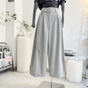 长裤 工装 女2026春夏设计感高腰宽松腰带阔腿裤 韩系灰色弯刀休闲裤