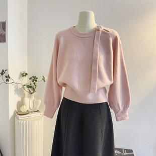 粉色立体花朵飘带毛衣女2025秋冬季韩系温柔风圆领套头针织衫上衣