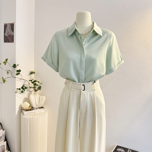 宽松垂感气质通勤缎面短袖衬衫女
