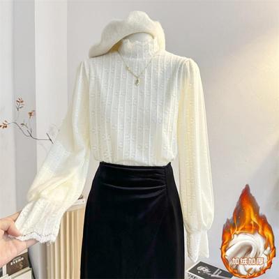 半高领法式加绒加厚套头蕾丝衫