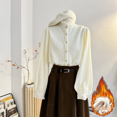 法式长袖蕾丝立领衬衫加绒加厚