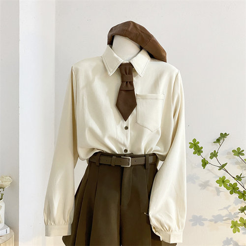 宽松韩版单排扣长袖磨毛领带衬衫