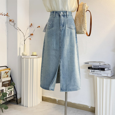 中长款高腰a字开叉牛仔半身裙女