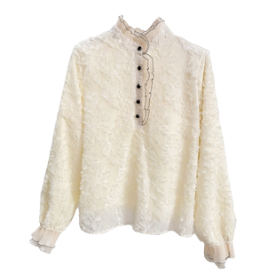 加绒加厚木耳立领衬衫女秋冬气质长袖蕾丝打底衫内搭小衫上衣保暖