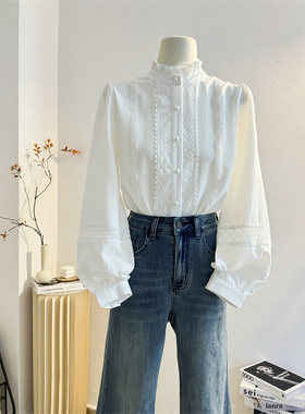 蕾丝花边拼接白色木耳立领衬衫女2025春洋气内搭灯笼长袖小衫上衣