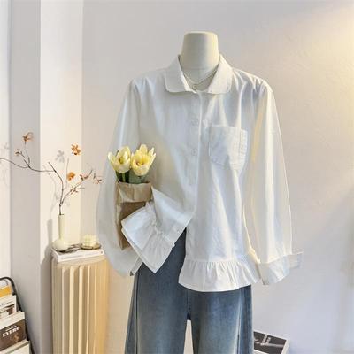 宽松减龄娃娃领荷叶边长袖衬衫