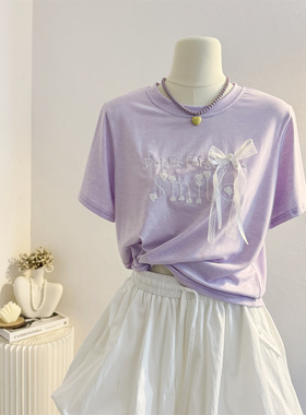 紫色字母刺绣短袖T恤女2025夏设计感宽松减龄蝴蝶结半袖体恤上衣