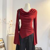 修身 设计感小众不规则荡领露肩长袖 T恤2025春秋打底衫 一字肩上衣