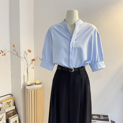 通勤气质宽松法式V领短袖衬衫女