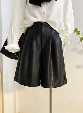 黑色皮短裤女秋冬皮裤高腰a字阔腿裤五分裤宽松直筒显瘦pu皮裤子