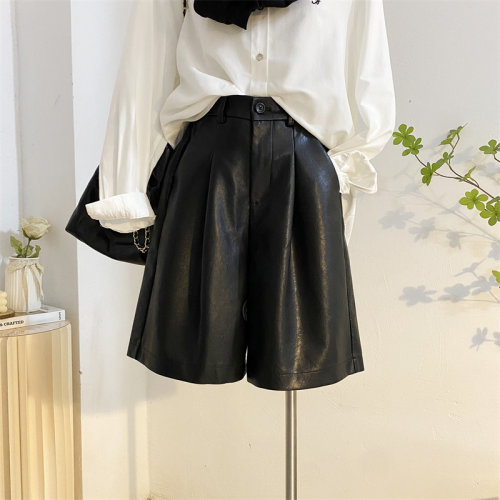 高腰韩版五分显瘦百搭PU皮休闲裤