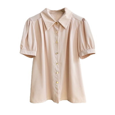宽松气质短袖缎面泡泡袖衬衫纽扣