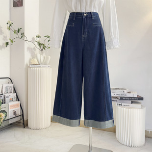 复古卷边九分阔腿牛仔裤女2026春季设计感高腰直筒宽松小个子裤子