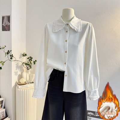加绒宽松甜美娃娃领长袖衬衫女