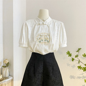 复古国风提花缎面刺绣小衫 新中式 女夏季 衬衫 上衣 立领流苏盘扣短袖