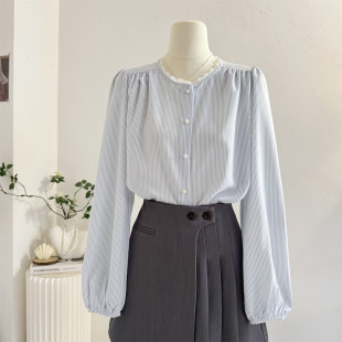 花边圆领蓝色条纹衬衫 小衫 女长袖 宽松减龄灯笼袖 上衣 2026春季 法式