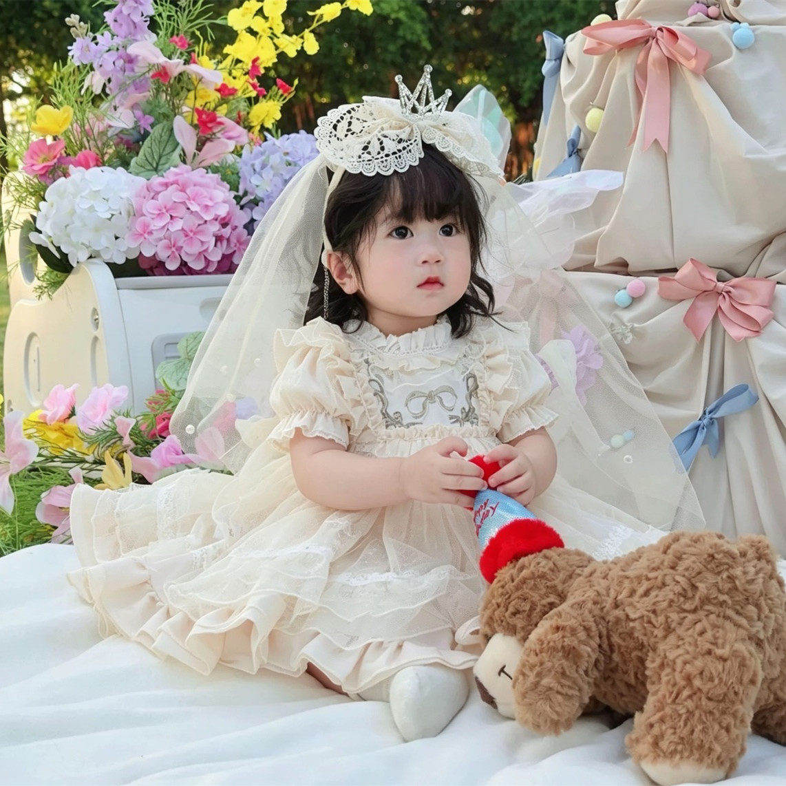 春夏女童洛丽塔公主裙蕾丝柔软网纱周岁礼服裙生日蓬蓬裙婚礼花童