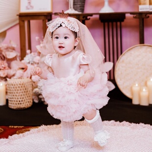 女童秋冬公主裙女宝周岁生日婴儿抓周礼服婚纱套装花童蓬蓬裙网纱