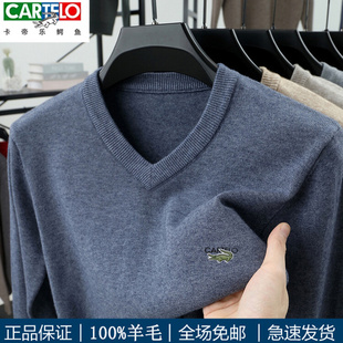 CARTELO鳄鱼男士新款100%纯羊毛鸡心领羊毛衫针织衫V领毛衣打底衫