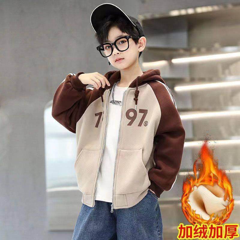 男童带帽外套秋冬2024新款韩版连帽中大童拉链衣服加绒加厚数字