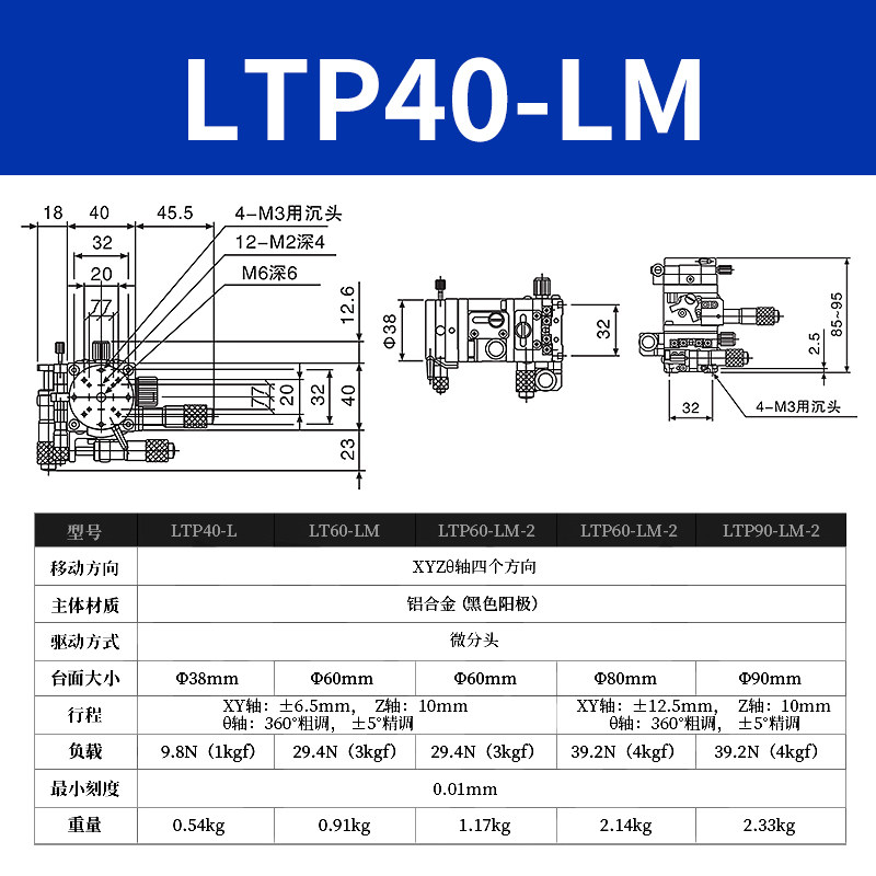 XYZR 축 변위 플랫폼 LTP60|90 4축 수동 미세 조정 리프팅 및 회전 광학 고정밀 이동 슬라이드