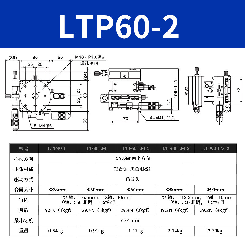 XYZR 축 변위 플랫폼 LTP60|90 4축 수동 미세 조정 리프팅 및 회전 광학 고정밀 이동 슬라이드